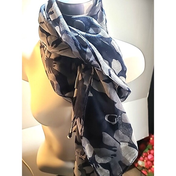 Vintage Gold Coast Scarf  Shawl 27"x72" Women's Navy Blue Gray Floral - Picture 1 of 5